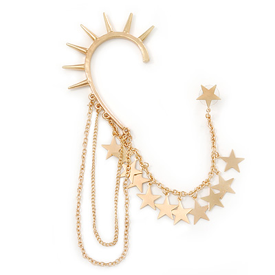 One Piece Gold Plated Spike & Star Chain Hook Cuff Earring - 8cm (chain drop) - main view