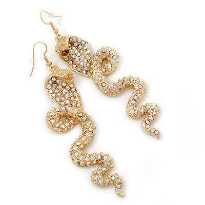Long Exotic AB Crystal 'Cobra' Drop Earrings In Gold Plating - 8.5cm Length - main view