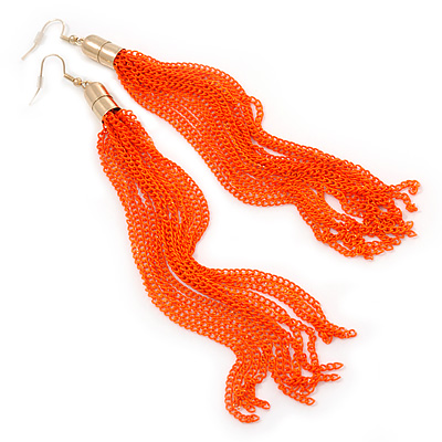 Long Neon Orange Chain Tassel Earrings In Gold Plating - 17cm Length - main view