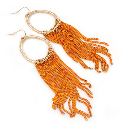 Gold Plated Hoop Earrings With Orange Chains - 12cm Length - main view