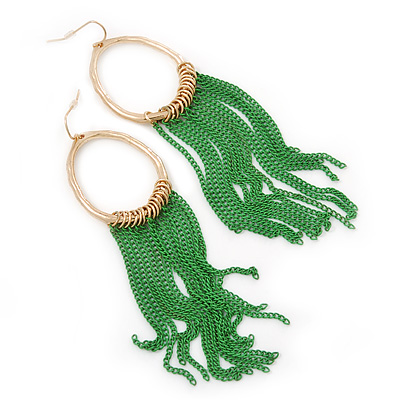 Gold Plated Hoop Earrings With Green Chains - 12cm Length - main view