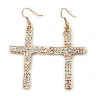 Pave-Set AB Crystal 'Cross' Drop Earrings In Gold Plating - 63mm Length - main view