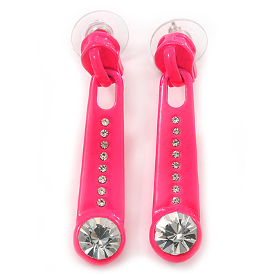Deep Pink Crystal 'Zipper' Stud Earrings In Silver Tone - 45mm Length