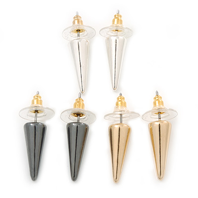 3 Pairs Gold, Silver & Hematite Colour Spike Stud Earring Set - 18mm Width - main view