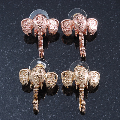 Textured Elephant Stud Earrings In Gold & Rose Tone Metal - 2 Pc Set - 26mm Length - main view