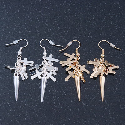 2 pairs Gold and Silver Tone Cross and Spike Dangle Earring Set - 55mm Drop - main view