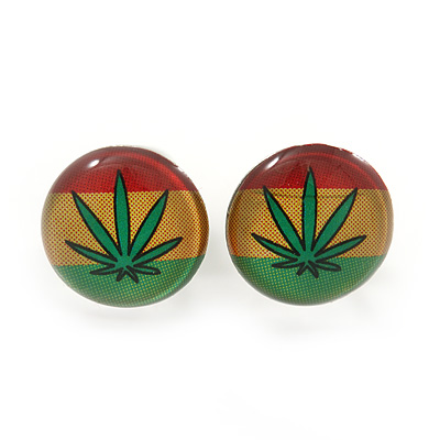 Tiny Marijuana Leaf Rasta Colours Stud Earrings In Silver Tone - 7mm Diameter - main view