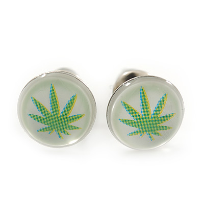 Tiny Marijuana Leaf Stud Earrings In Silver Tone (White/ Green) - 7mm Diameter - main view