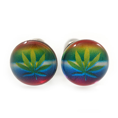 Tiny Marijuana Leaf Rasta Colours Stud Earrings In Silver Tone - 7mm Diameter - main view