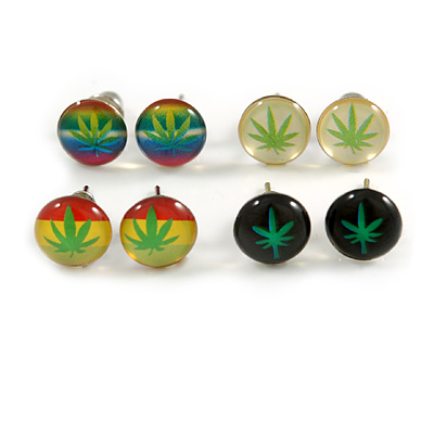 7mm Set of 4 Tiny Marijuana Leaf Rasta Colours Stud Earrings In Silver Tone