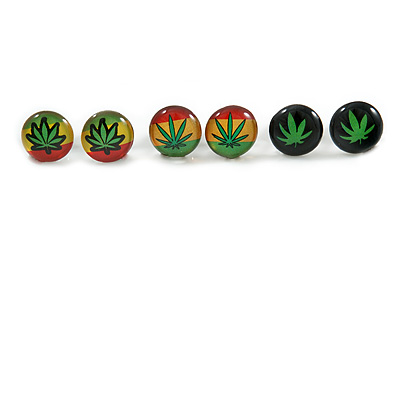 7mm Set of 3 Tiny Marijuana Leaf Rasta Colours Stud Earrings In Silver Tone - main view
