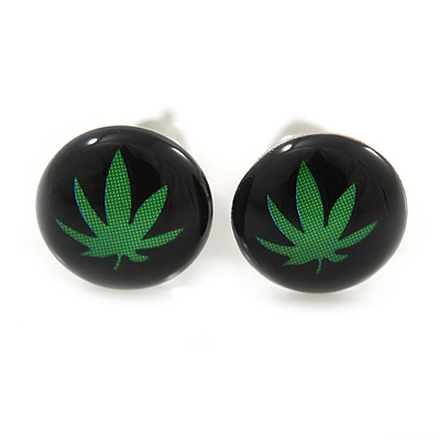 Tiny Marijuana Leaf Stud Earrings In Silver Tone (Black/ Green) - 7mm Diameter - main view