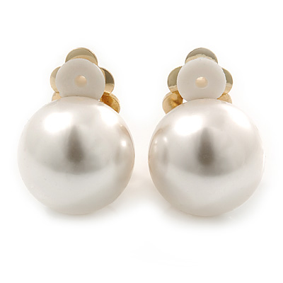 Classic White Faux Pearl Clip-on Earrings In Gold Plating - 15mm Diameter - main view