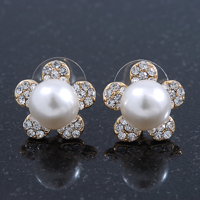 Prom/ Teen Simulated Glass Pearl, Crystal 'Daisy' Stud Earrings In Gold Plating - 15mm Diameter - main view