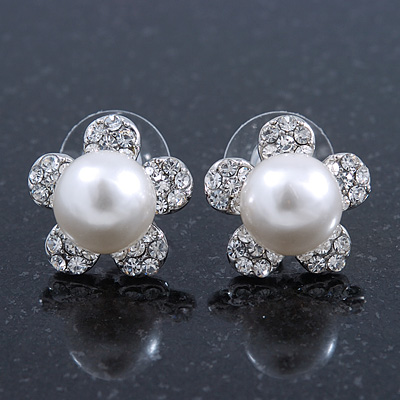 Prom/ Teen Simulated Glass Pearl, Crystal 'Daisy' Stud Earrings In Rhodium Plating - 15mm Diameter - main view