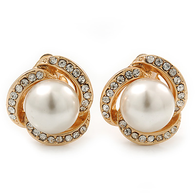 Bridal Diamante White Simulated Glass Pearl Clip On Earrings In Gold Plating - 23mm Diameter - main view