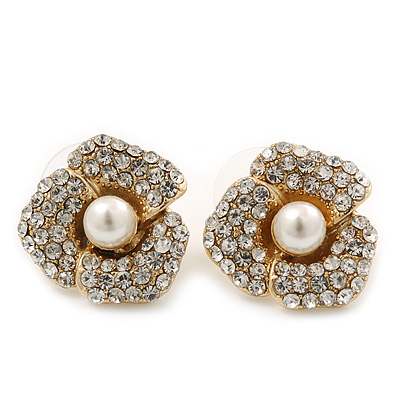 Prom Gold Plated Pave Set Clear Crystal Simulated Pearl 'Flower' Stud Earrings - 20mm Width