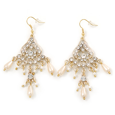 Bridal Clear Crystal, Simulated Glass Pearl Chandelier Earrings In Gold Plating - 75mm Length - main view