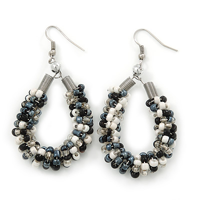 Handmade Glass Bead Oval Drop Earrings In Silver Tone (Black, Hematite, White, Transparent) - 60mm Length