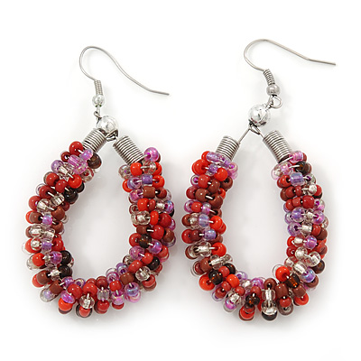 Handmade Glass Bead Oval Drop Earrings In Silver Tone (Orange, Black, Transparent, Lavender) - 60mm Length - main view