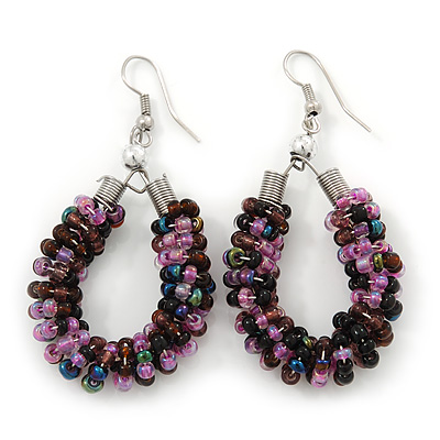 Handmade Glass Bead Oval Drop Earrings In Silver Tone (Purple, Pink, Brown) - 60mm Length - main view