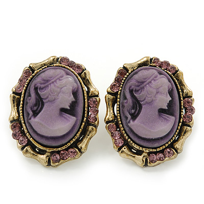 Vintage Oval Shaped Violet/ Pink Diamante Cameo Stud Earring In Antique Gold Plating - 25mm Length - main view