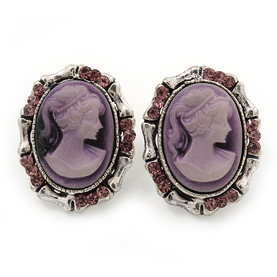 Vintage Oval Shaped Violet/ Pink Diamante Cameo Stud Earring In Silver Plating - 25mm Length - main view
