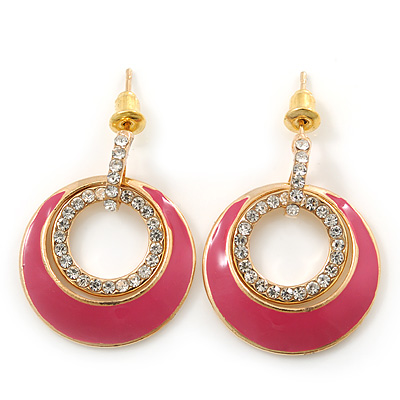 Pink Enamel, Crystal Double Hoop Earrings In Gold Plating - 30mm Length - main view