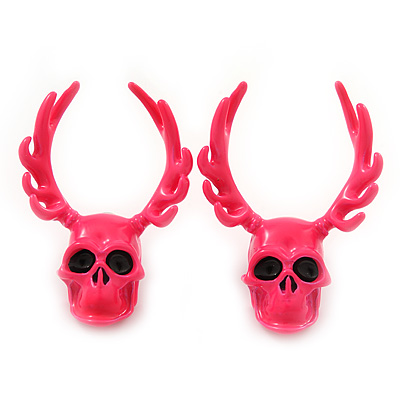 Teen Skull and Antlers Stud Earrings in Neon Pink - 3.5cm in Height