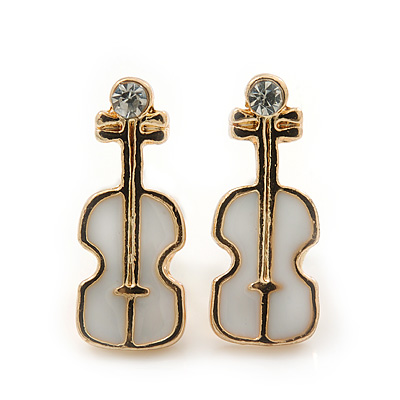 Children's/ Teen's / Kid's Small White Enamel 'Violin' Stud Earrings In Gold Plating - 13mm Length - main view