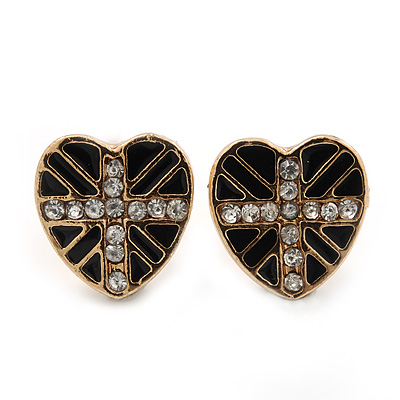 Children's/ Teen's / Kid's Small Black Enamel Crystal 'Heart' Stud Earrings In Gold Plating - 10mm Length