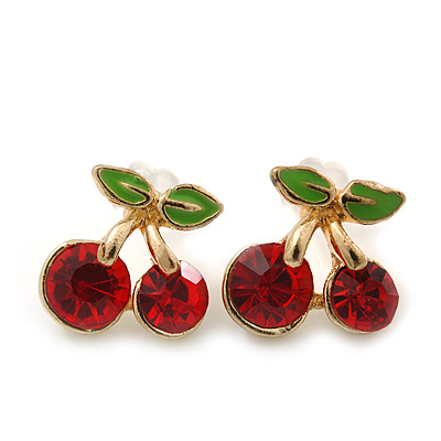 Children's/ Teen's / Kid's Small Red Crystal 'Double Cherry' Stud Earrings In Gold Plating - 10mm Length - main view