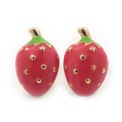 Children's/ Teen's / Kid's Small Pink Enamel 'Strawberry' Stud Earrings In Gold Plating - 13mm Length - main view