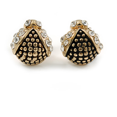 Children's/ Teen's / Kid's Small Black Enamel Crystal 'Ladybug' Stud Earrings In Gold Plating - 10mm Length