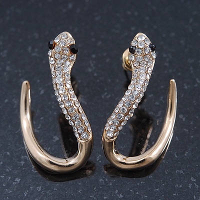 Sleek Diamante 'Snake' Stud Earrings In Gold Plating - 25mm Length - main view
