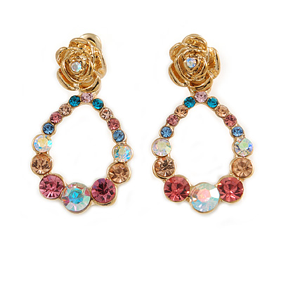 Multicoloured Austrian Crystal Rose With Oval Hoop Drop Earrings In Gold Plating - 32mm Length - main view