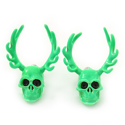Teen Skull and Antlers Stud Earrings in Neon Green - 3.5cm in Height