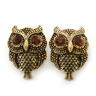Vintage Inspired 'Owl' Stud Earrings In Antique Gold Plating - 28mm Length - main view