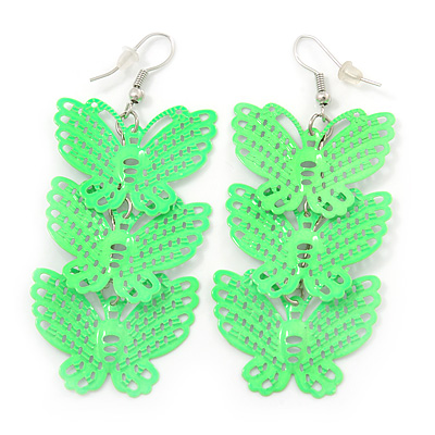 Neon Green Lightweight Filigree Triple Butterfly Drop Earrings In Silver Tone - 75mm Length - main view