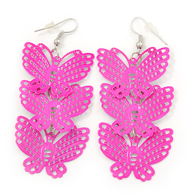 Neon Pink Lightweight Filigree Triple Butterfly Drop Earrings In Silver Tone - 75mm Length - main view