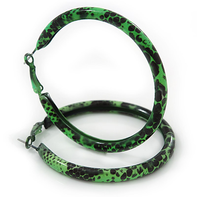 Medium Green/ Black Snake Print Hoop Earrings In Silver Tone - 55mm Diameter - main view