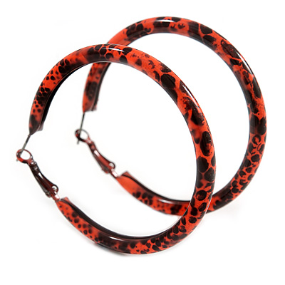 Medium Orange/ Black Snake Print Hoop Earrings In Silver Tone - 55mm Diameter - main view