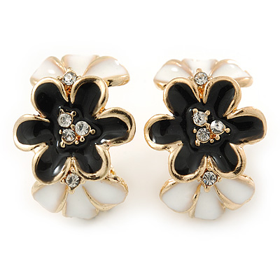 Black/ White Crystal Floral Clip On Earrings In Gold Plating - 22mm Length - main view
