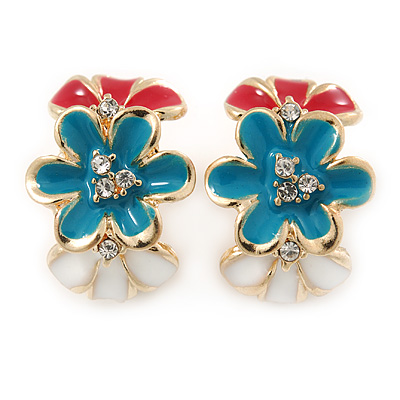 Pink/ Light Blue/ White Crystal Floral Clip On Earrings In Gold Plating - 22mm Length - main view