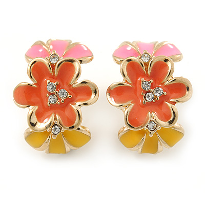 Pink/ Orange/ Yellow Crystal Floral Clip On Earrings In Gold Plating - 22mm Length - main view