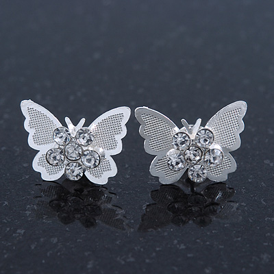 Teen Rhodium Plated Clear Crystal 'Butterfly' Stud Earrings - 15mm Width