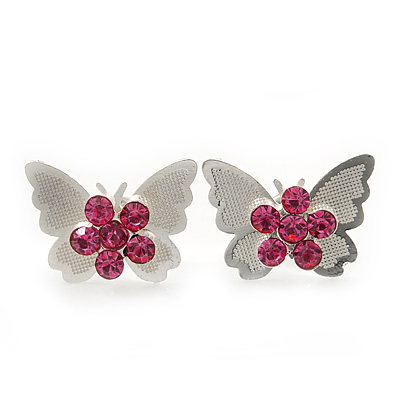 Teen Rhodium Plated Pink Crystal 'Butterfly' Stud Earrings - 15mm Width - main view
