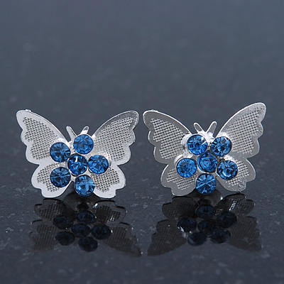Teen Rhodium Plated Sky Blue Crystal 'Butterfly' Stud Earrings - 15mm Width - main view