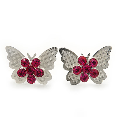 Teen Rhodium Plated Fuchsia Crystal 'Butterfly' Stud Earrings - 15mm Width