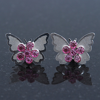 Teen Rhodium Plated Light Pink Crystal 'Butterfly' Stud Earrings - 15mm Width - main view